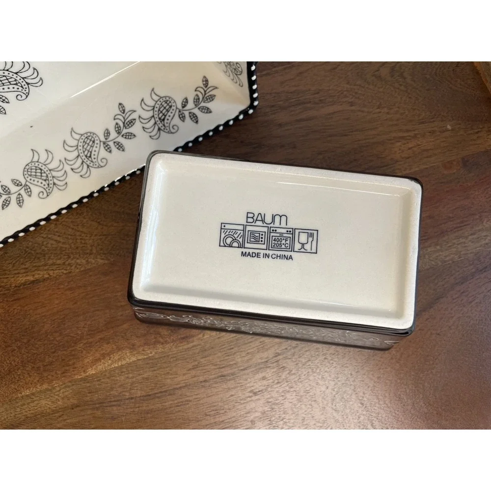 2 PC Baum Stoneware Casserole Baking Dish Black White Floral Paisley